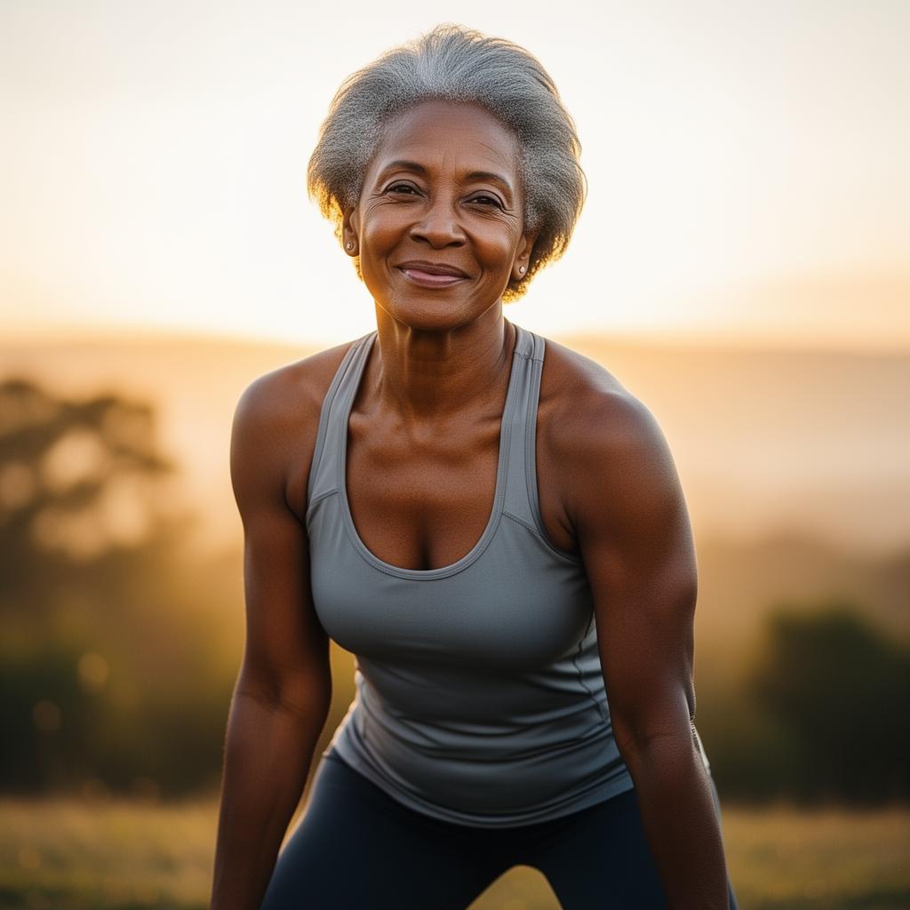 Vibrant adult 50+ stretching at sunrise